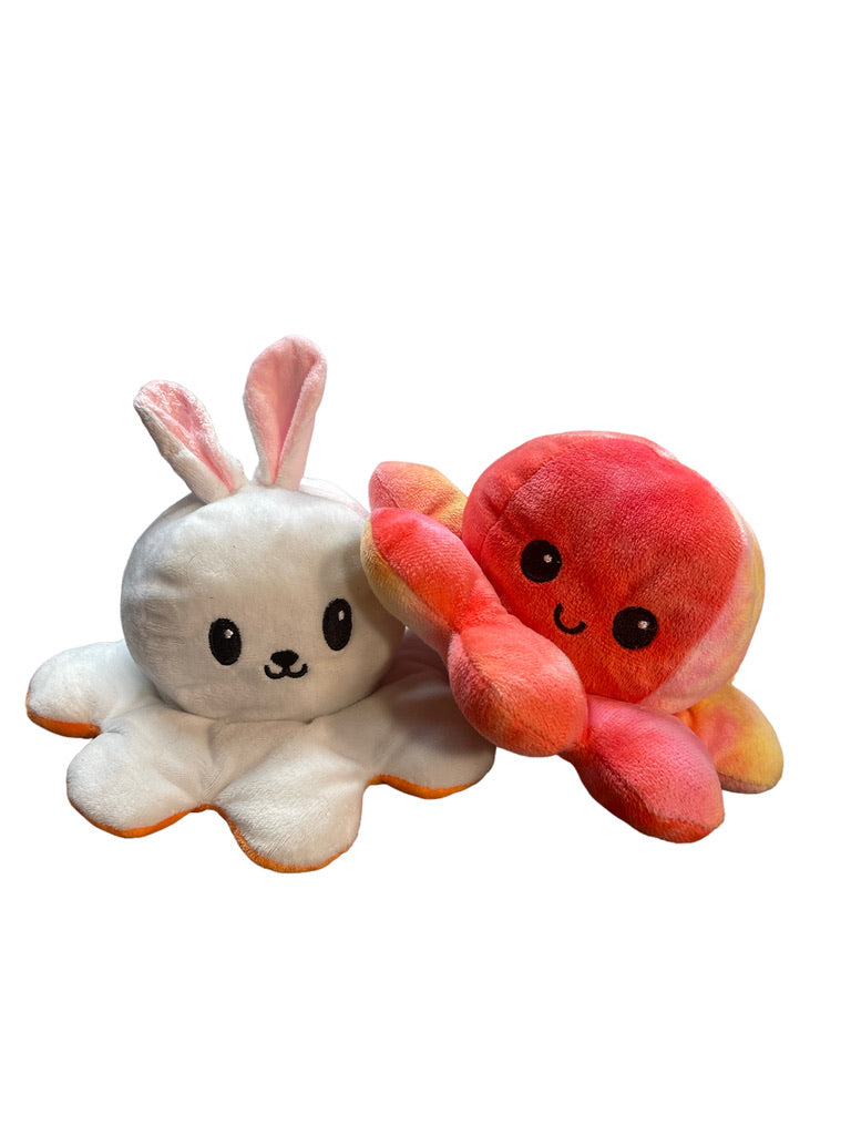 Set of 2 Reversible Plush, Octopus Tie Dye & Happy Carrot & Easter Bunny in EUC