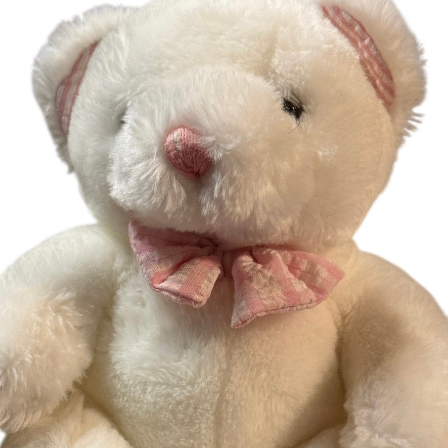 Vintage White Plush Seated Teddy Bear Rattle, Pink Seersucker Ears, Bow Tie & Feet in GVC