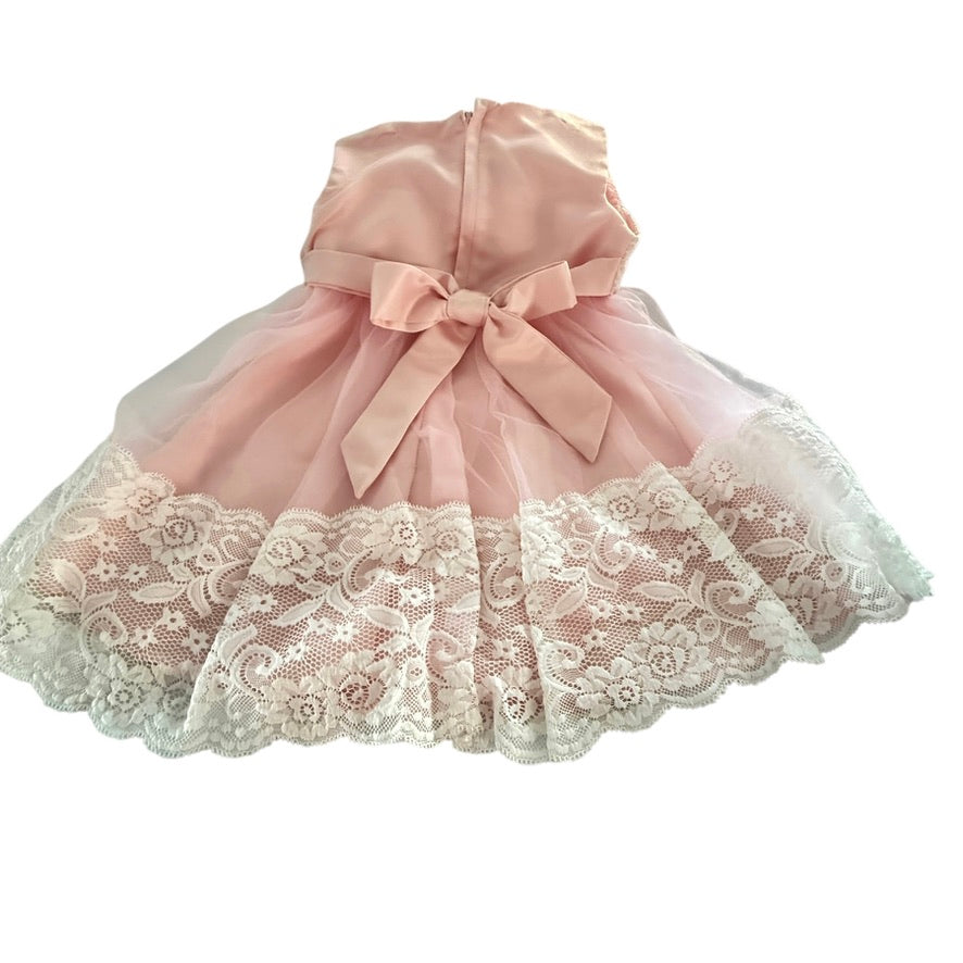 Exquisite Pink Chiffon & Lace  Baby Party Dress, Satin Bow & Rosette Embellshment