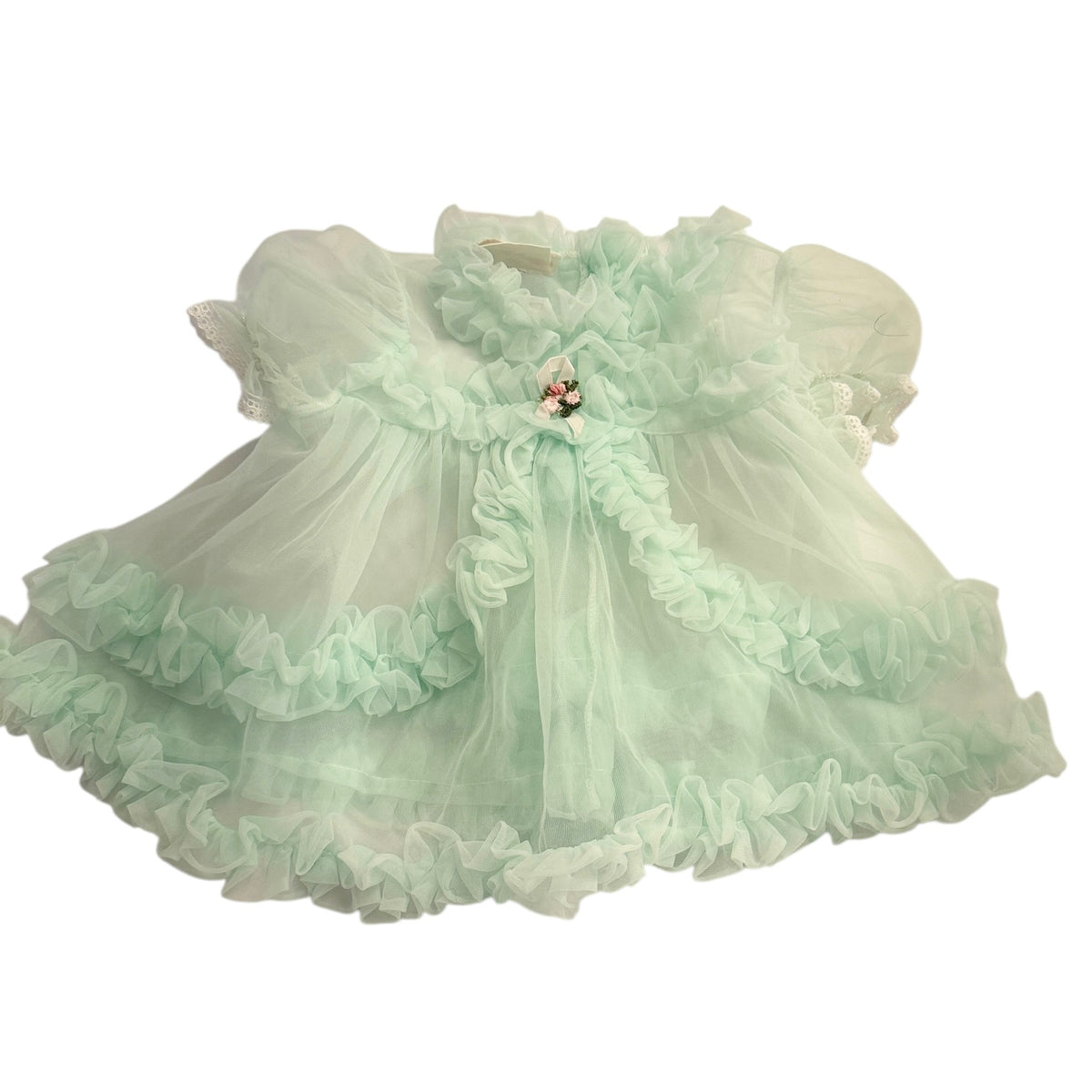 Canadian Made Vintage Sheer Mint Baby Dress with Cascading Ruffles & Rose Applique