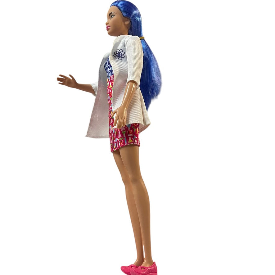 Barbie Scientist Doll,  Blue Hair, Pink & Blue Print Dress, Matching Pink Flats and Lab Coat GUC Mattel