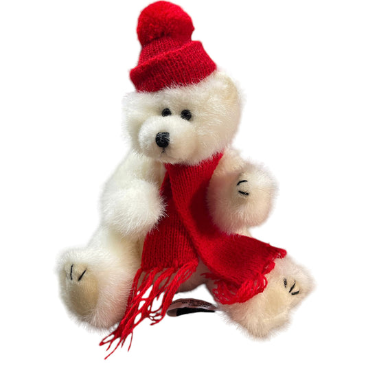 Ty Peppermint Bear, 1993 White Plush Polar Bear, Red Knit PomPom Hat &  Long Red Scarf, Retired