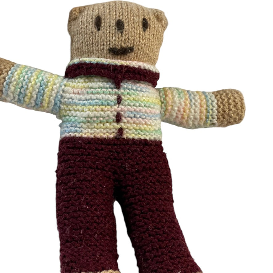 Handknit 14" Baby Bear Stuffed Animal Plush Toy, Tan & Brown, Variegated Blue Yellow Top, GUC