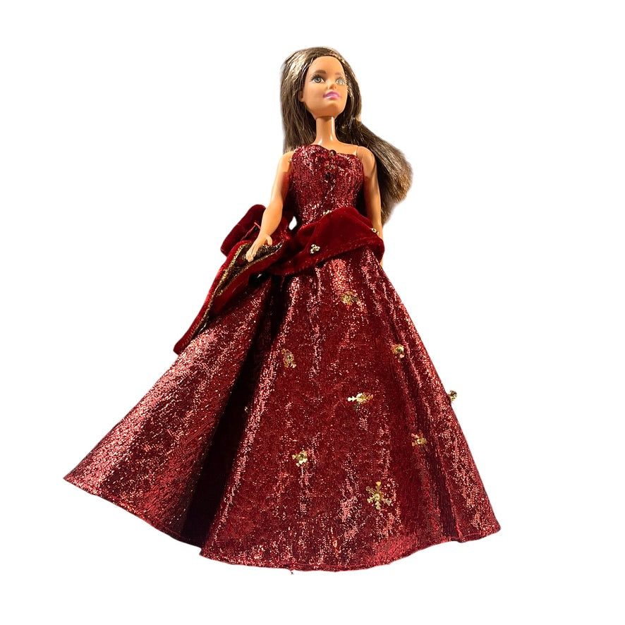 Glamorous Holiday Barbie, Red Shimmer Dress, Velvet Bow with GoldSnowflake Appliques EUC