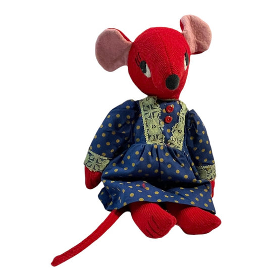 Handmade Vintage Red Corduroy 15" Plush Stuffed Mouse, Lace Trimmed Vintage Print Dress