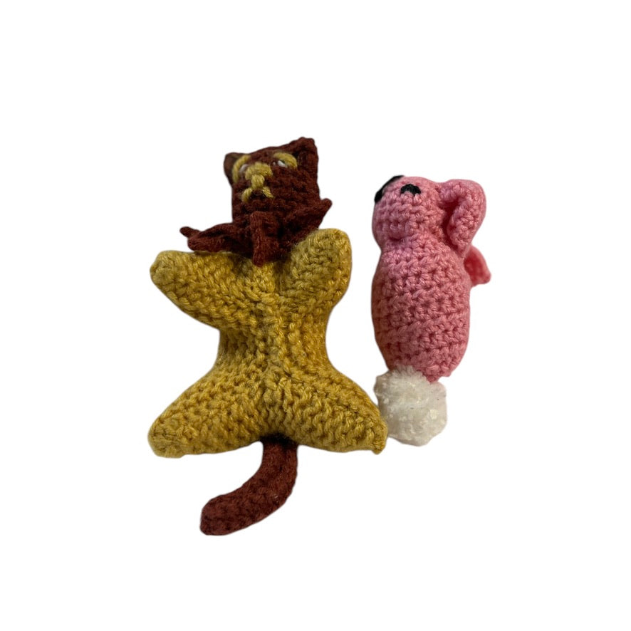 Derpy Hand Knit Gold & Brown Kitty Cat and Pink Knit Bunny with a White Fluffy Tail