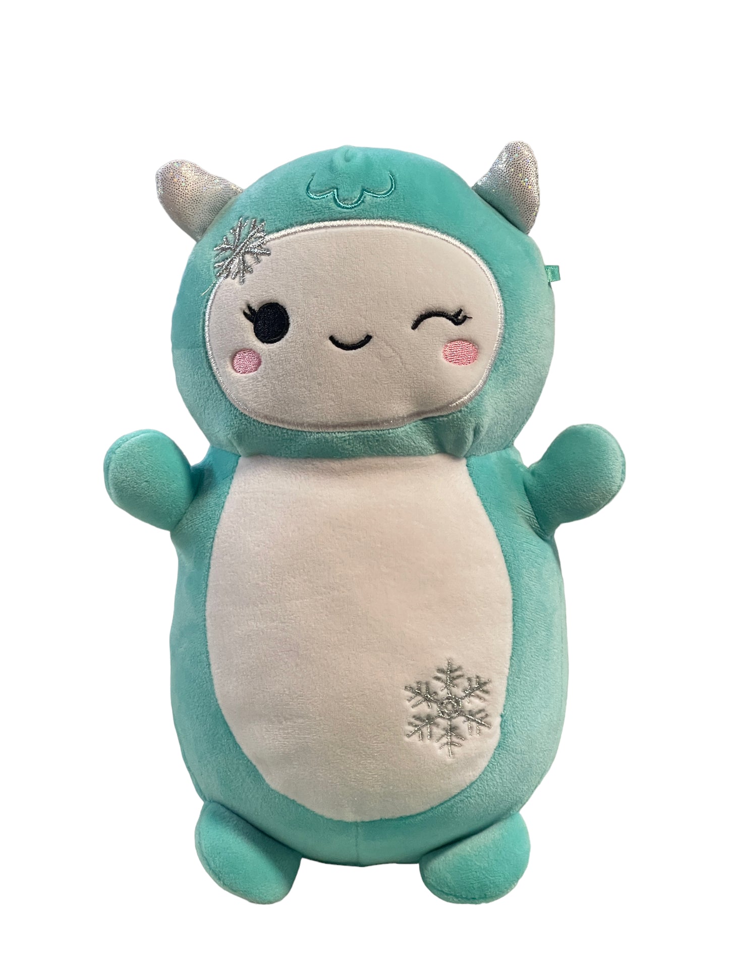 Squishmallow Hug Mee Yollie the Yeti Plush, Aqua with Silver Snowflakes & White Belly EUC