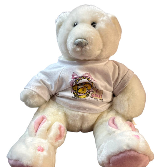 Build-A-Bear PolarBear, Blue Eyes & Nose Wearing It's a Girl! T-Shirt & Bunny Slippers