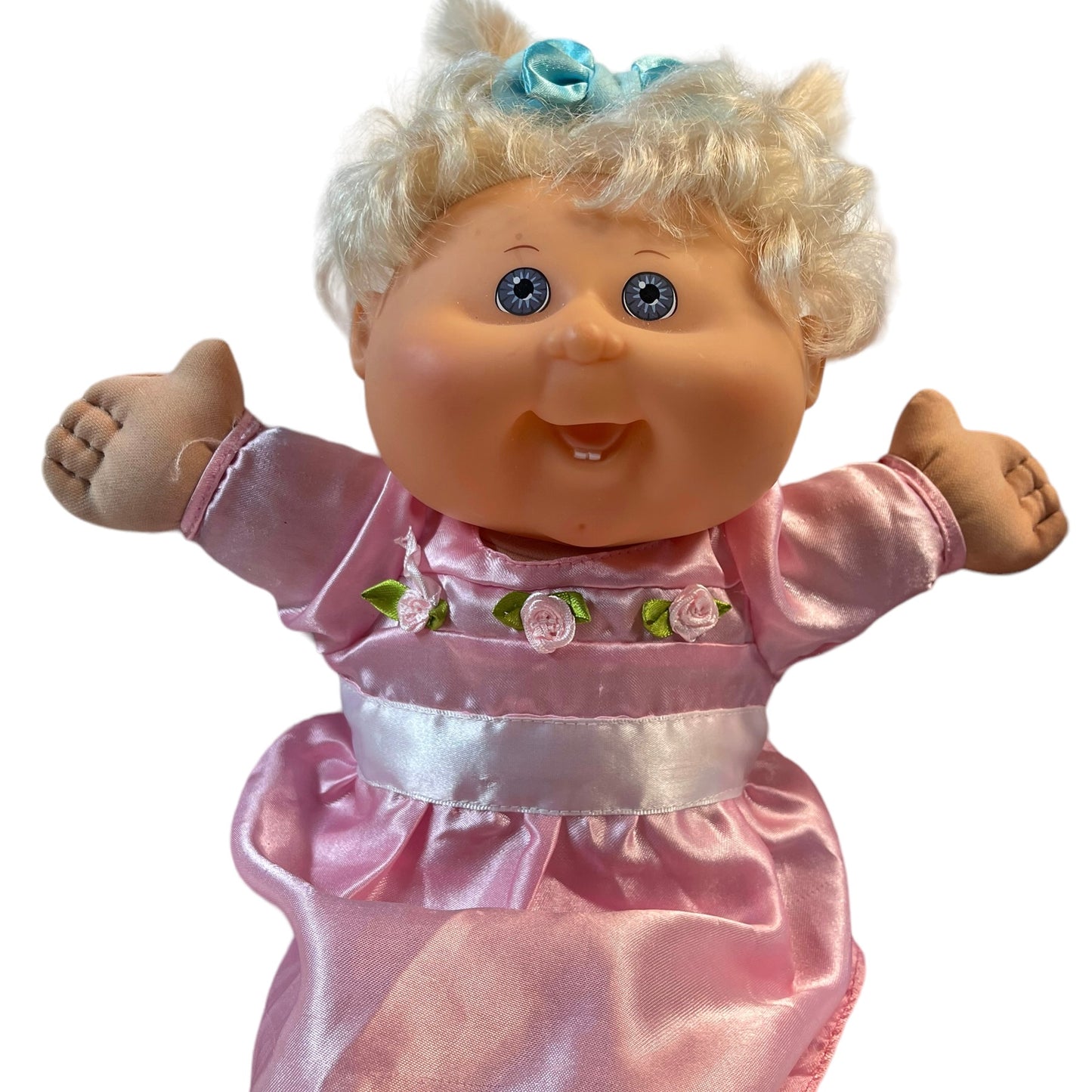 Sweet Cabbage Patch Doll, Blond, Blue Eyes, Tiny Teeth + a Dimple in her Chin! Pink Satin Dress