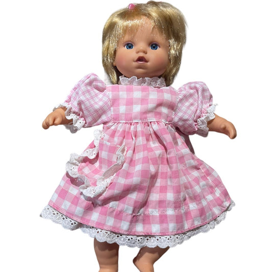 Blond Blue Eyed Baby Doll, Vinyl  with Cloth Body Sweetly  Dressed  in Pink Gingham