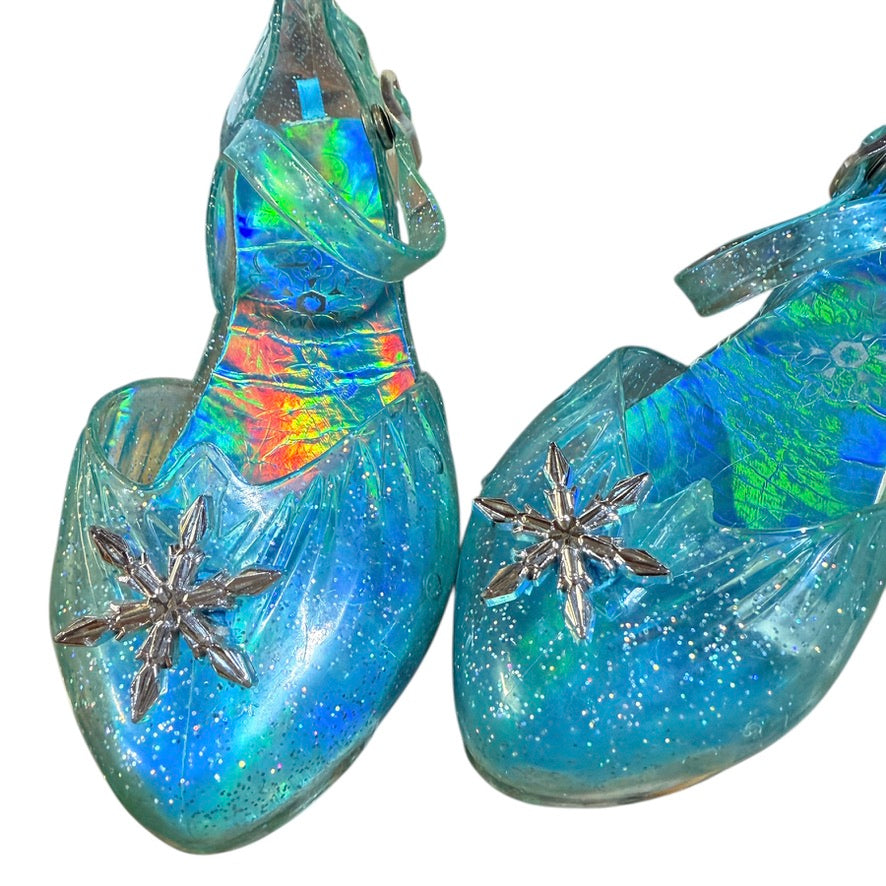 Disney Frozen Elsa Shoes, Sparkly Aqua, Light Up Heels & Snap Buckle with Silver Snowflake