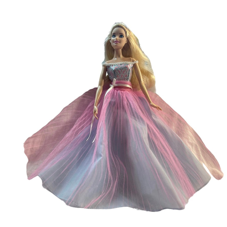 Barbie Birthday Wishes in Beautiful Pearl Trimmed Tulle & Brocade Gown, Blonde Blue Eyes