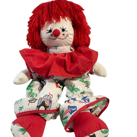 Vintage Clown, Red Yarn Hair & Detailed Embroidered Face, Print Suit with Red Ruffle 17" GUC