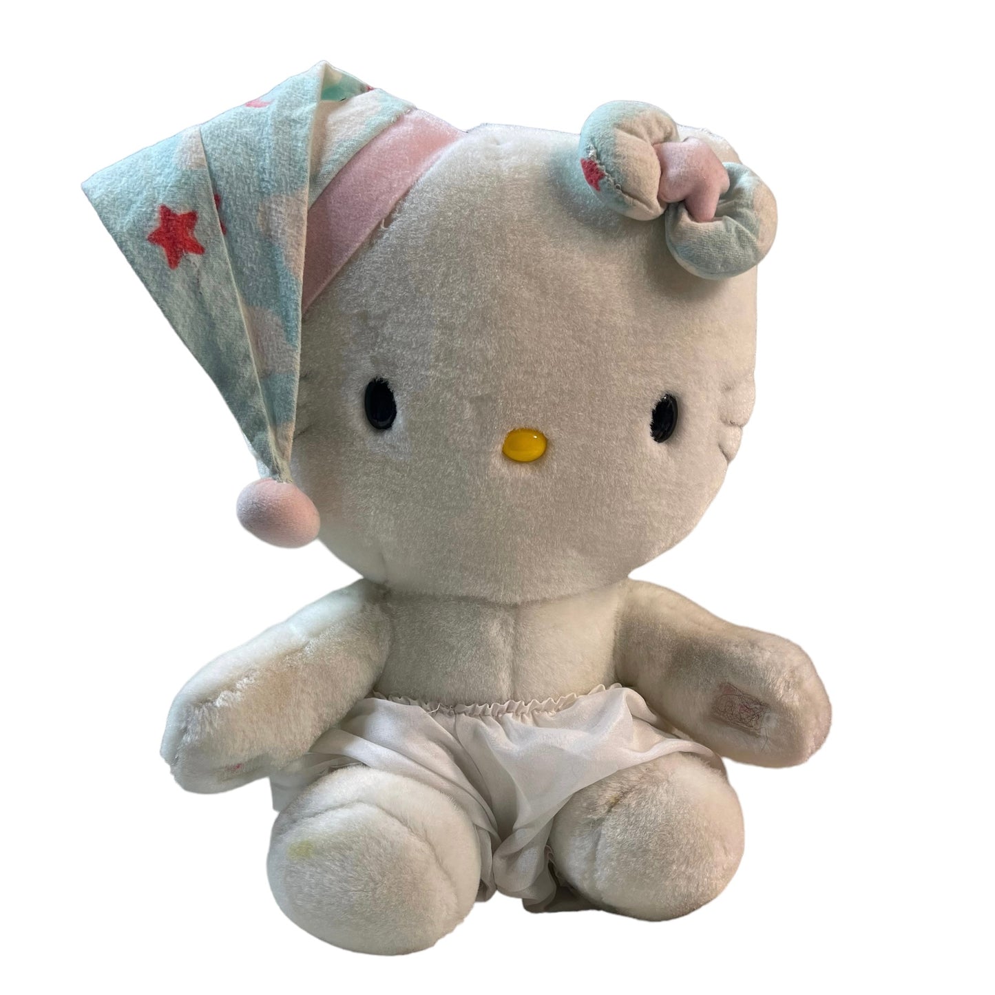 Hello Kitty Seated 12" Plush with Night Cap and Matching Bow in Good Preowned Condition.