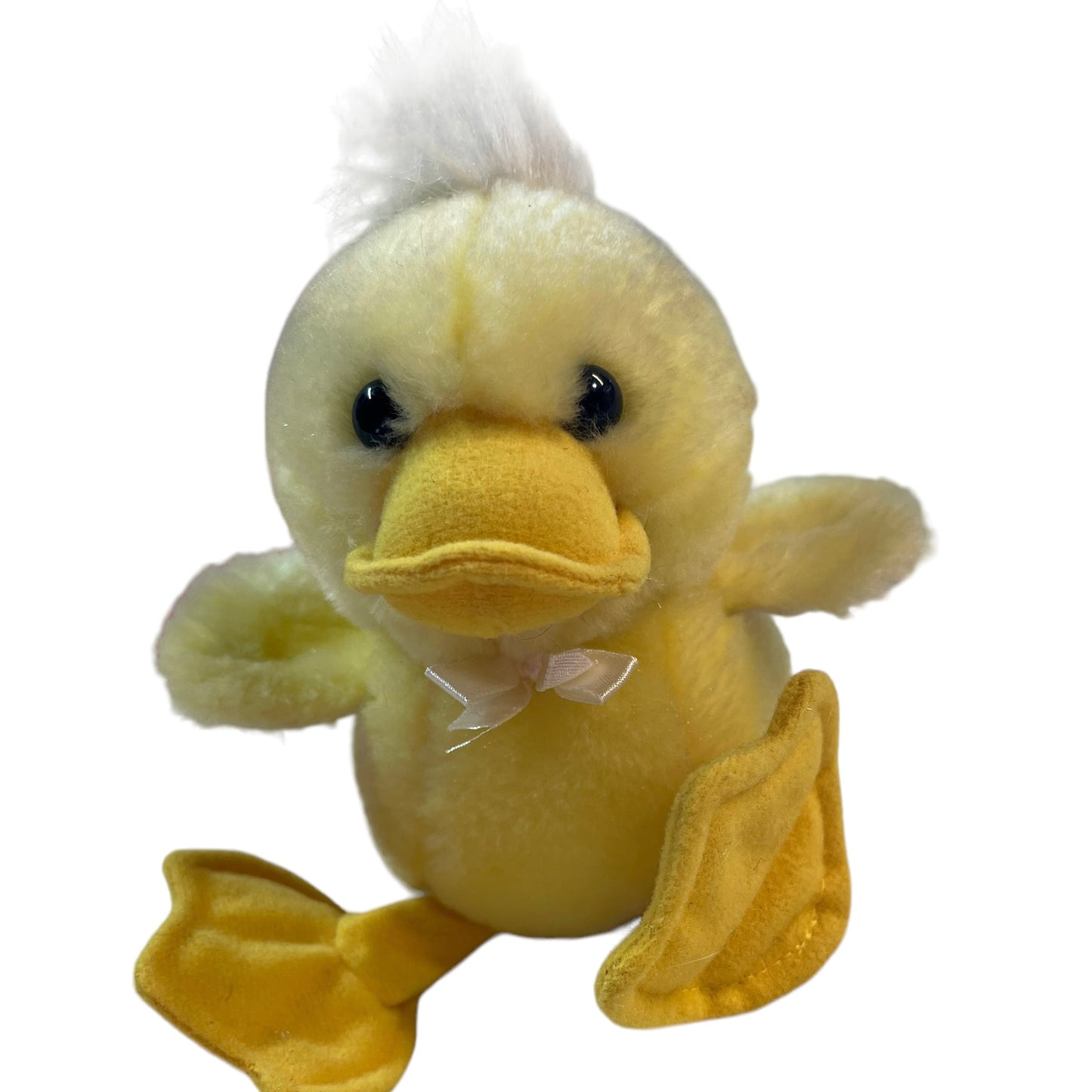 Yellow Duck Plush Rattle 6"Seated, Long Legs, Floppy Feet, Puff of Hair, Satin Bow