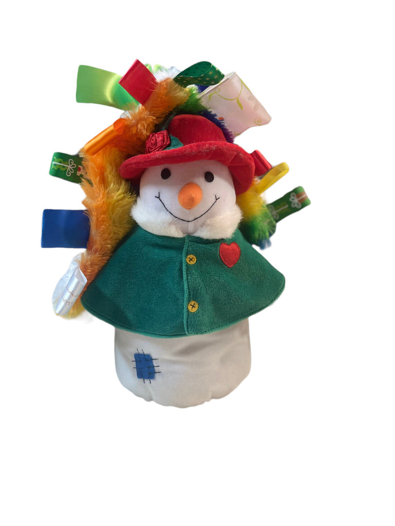 Snowman, Weighted Flat Bottom with Green Velvet Cape, Carrot Nose & Rainbow Tug