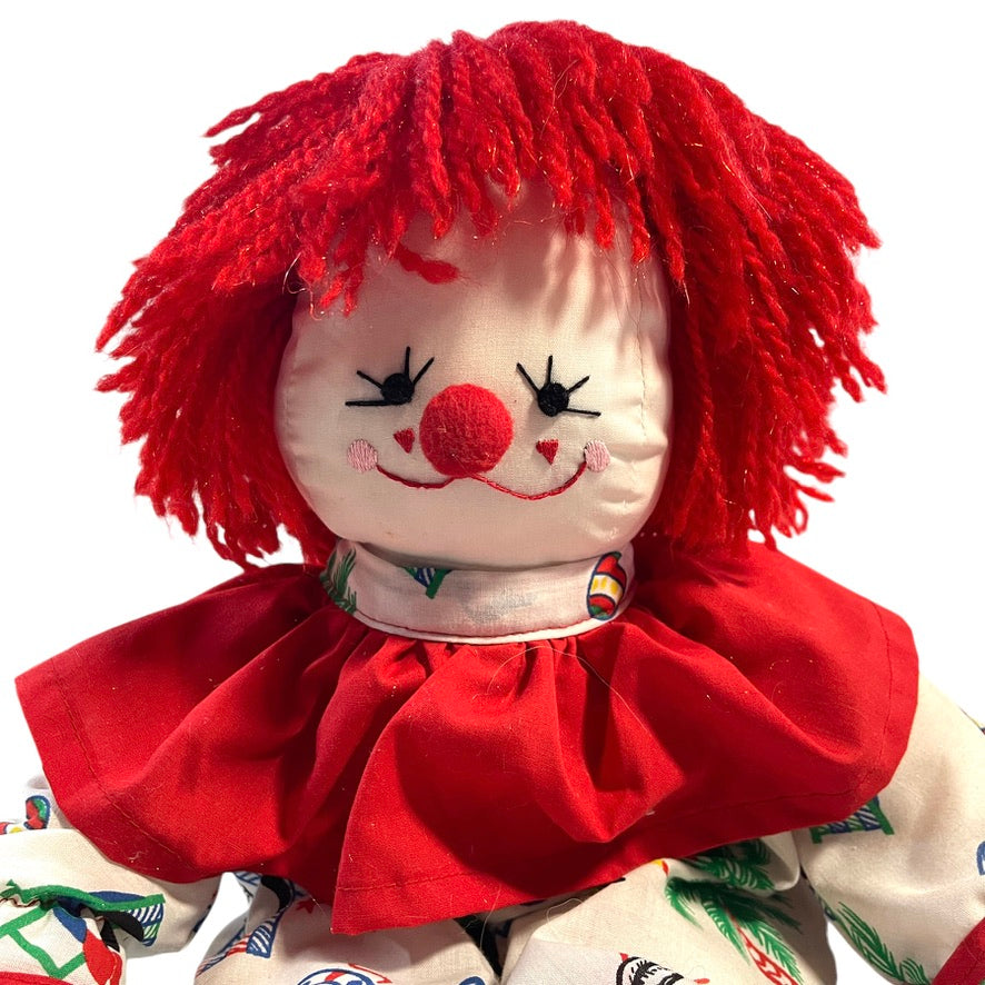 Vintage Clown, Red Yarn Hair & Detailed Embroidered Face, Print Suit with Red Ruffle 17" GUC