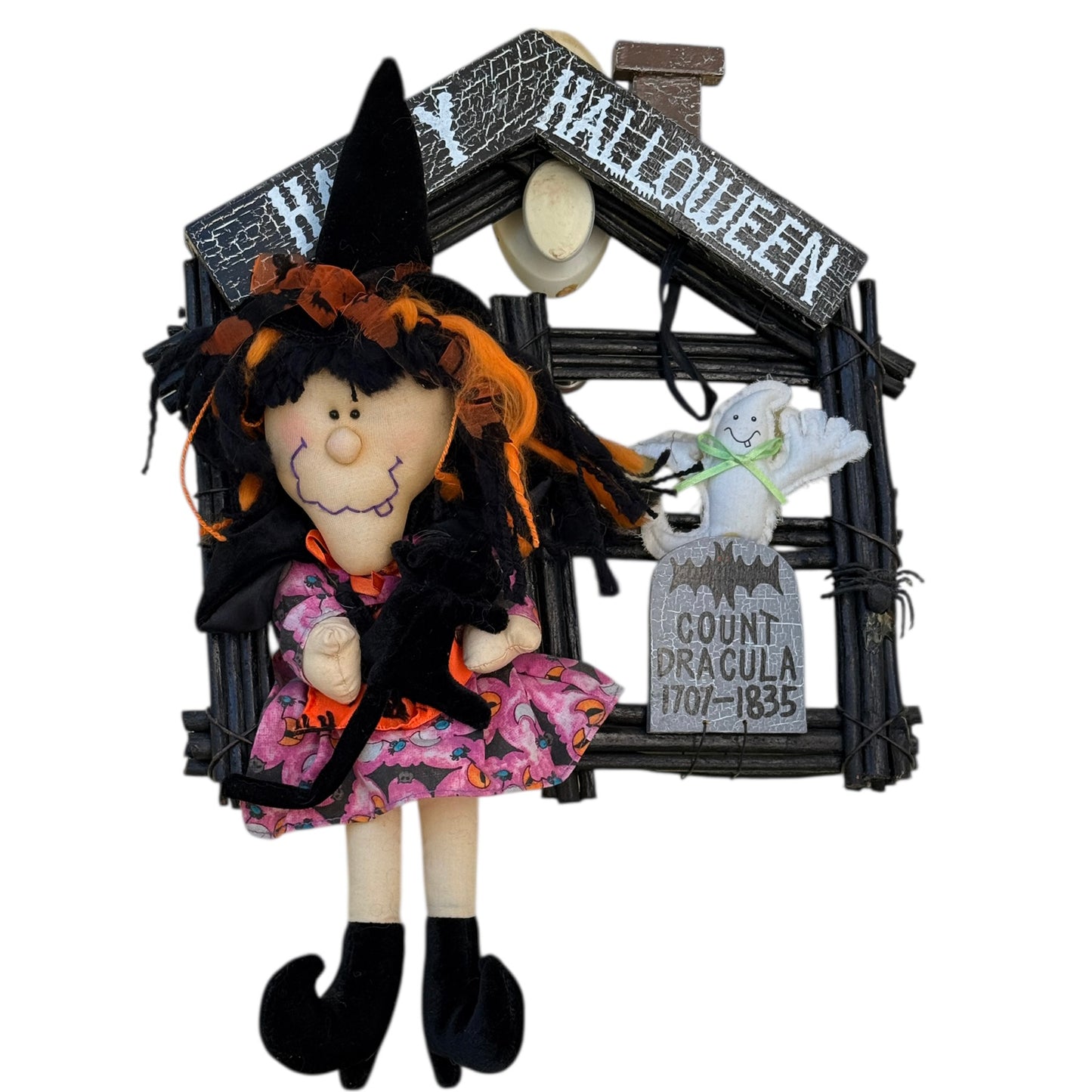 Halloween Door Hanger Wooden House with Hilarious Plush Witch & Dracula Tombstone in EUC