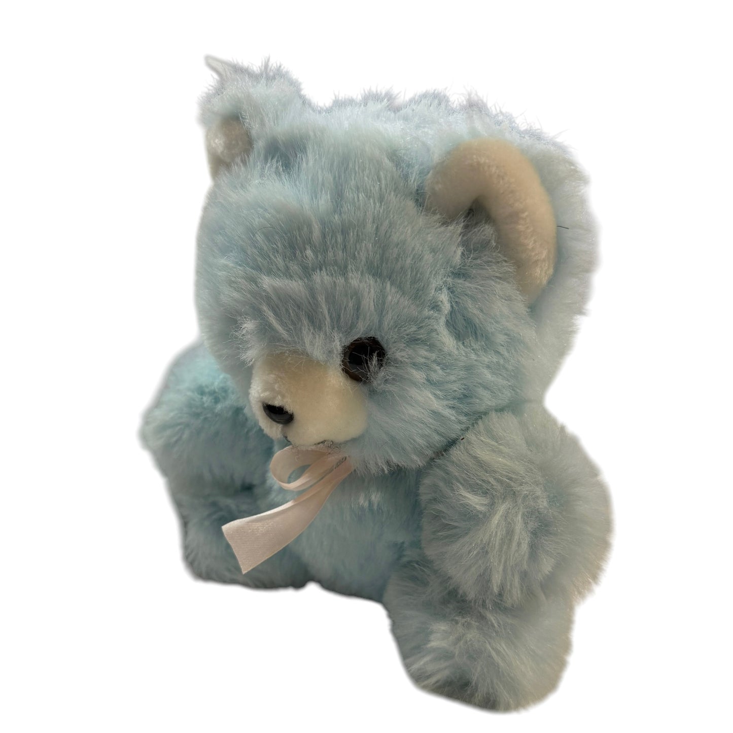 Adorable Vintage 8" Seated Soft Baby Blue Teddy Bear Rattle with White Snout & Black Features