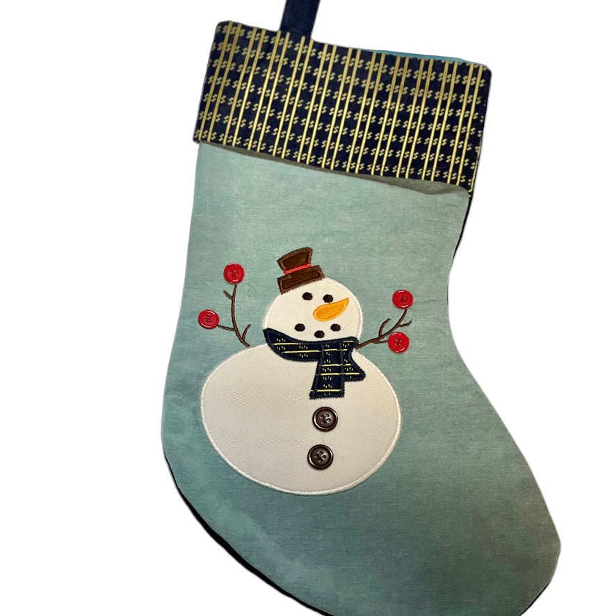 Fabric Christmas Stocking with Appliqued Snowman Complete with Button Accents