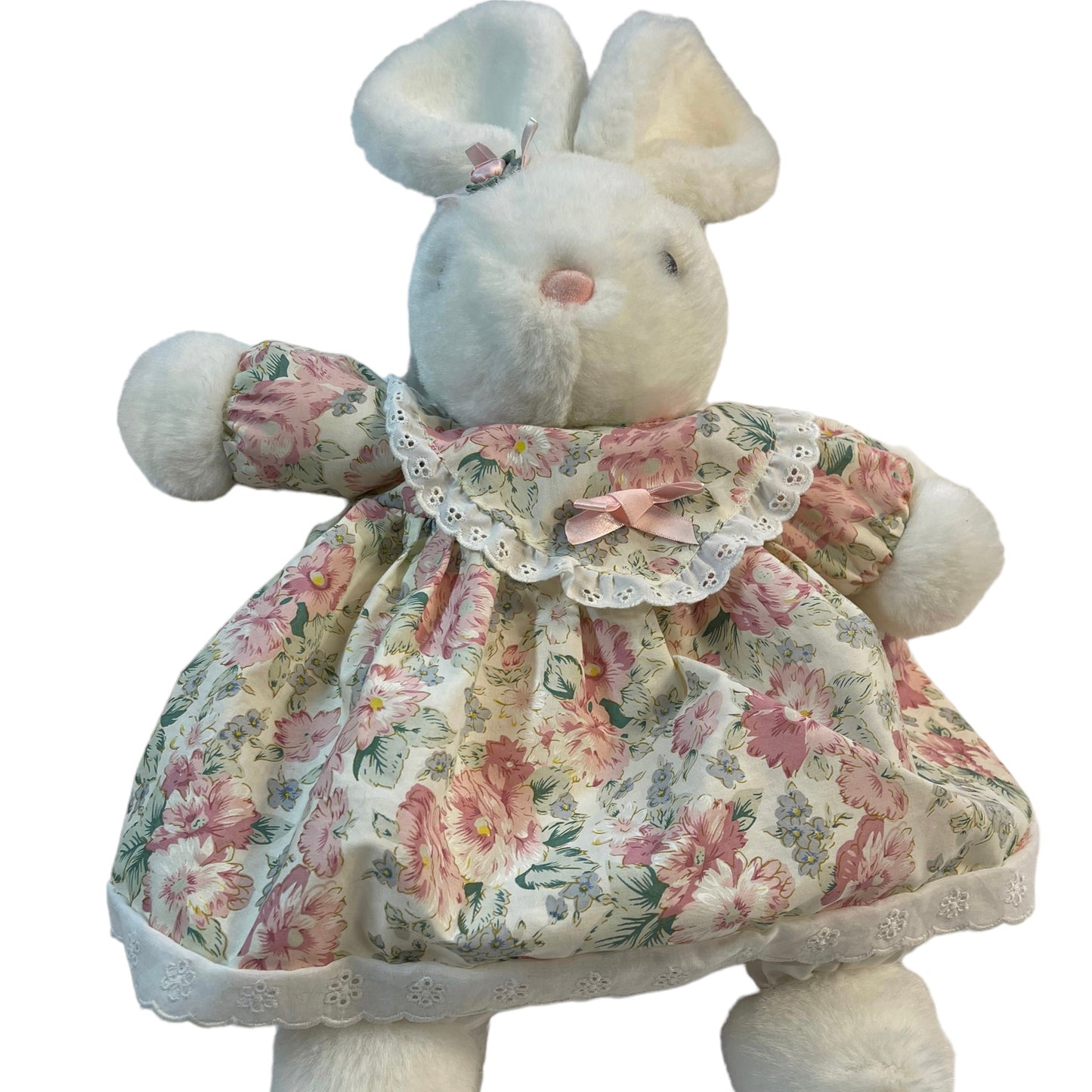 Vintage Bunny in Floral Dress with Pink Nose & Satin Rose 20" in Excellent Preowned Condition