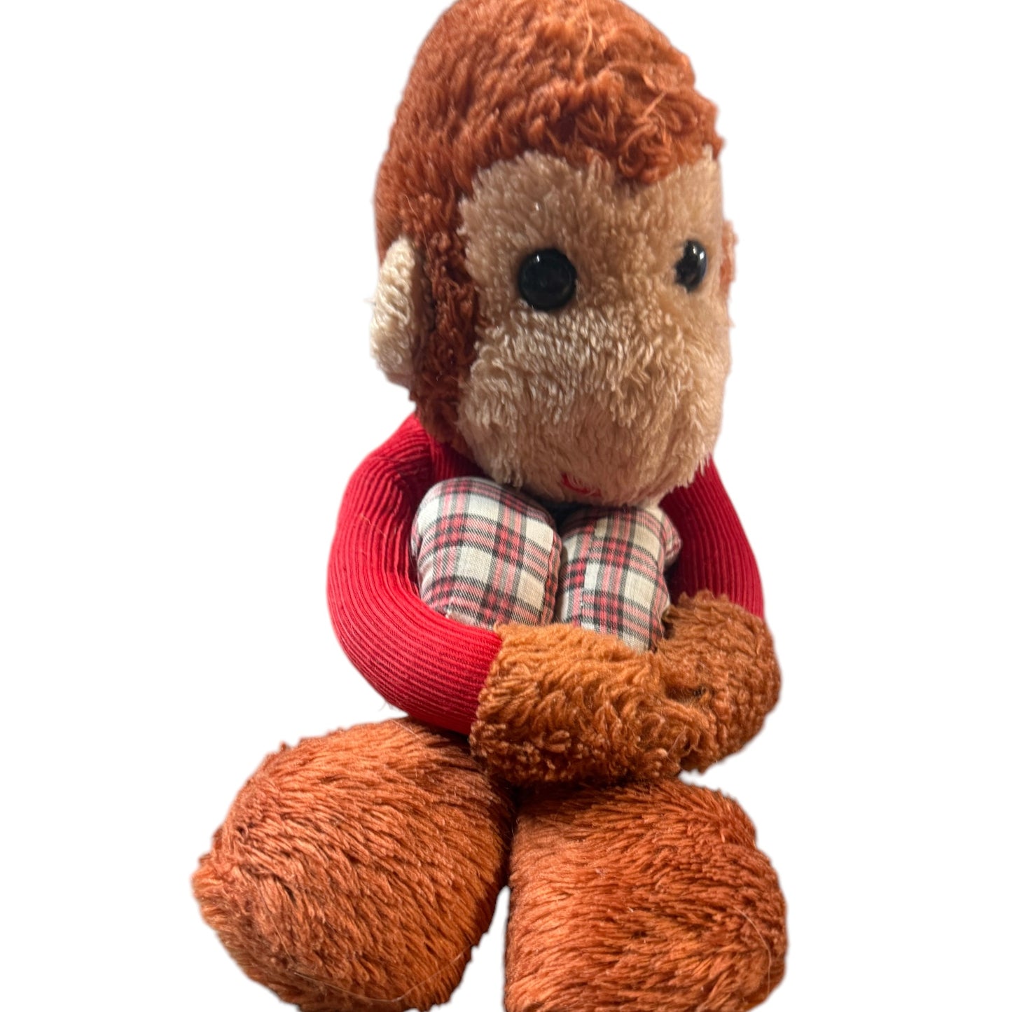 Charming Long-Legged Vintage Monkey Plush Knee Huggar with Tartan Coveralls Fair