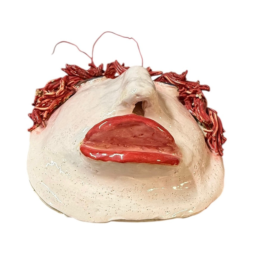Delightful, One-of-a Kind Handmade Caricature Clay Mask with Red Spaghetti Hair, Artist Signed