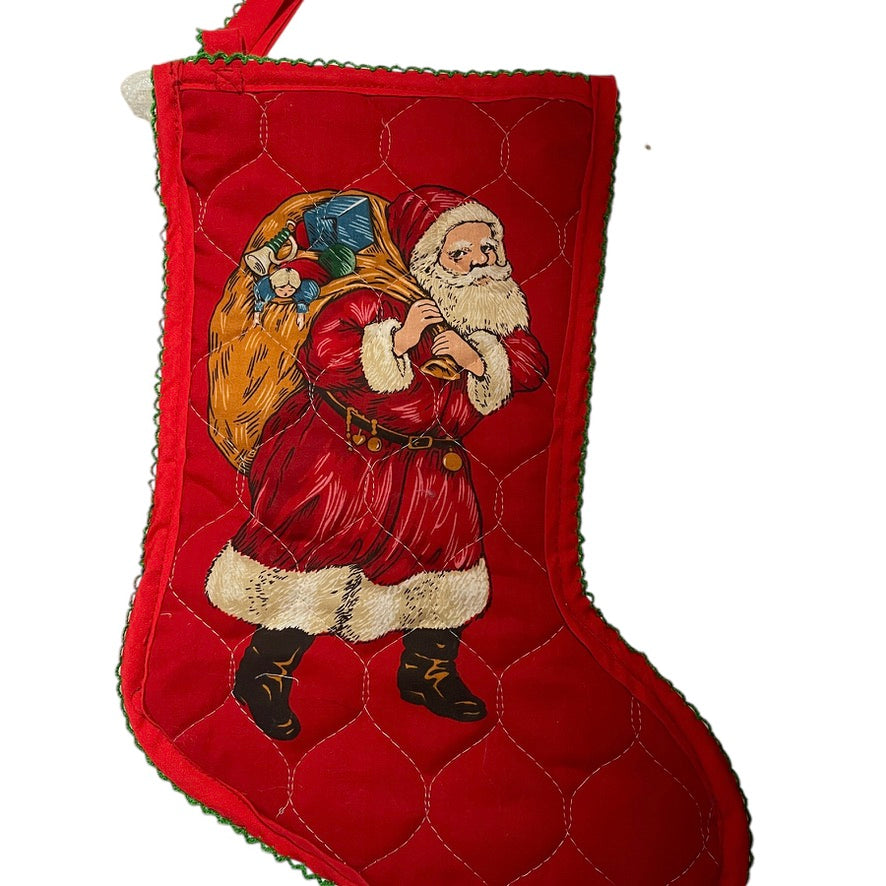 Handmade Quilted Lace Trimmed Vintage Print Santa Christmas Stocking with Crochet Trim