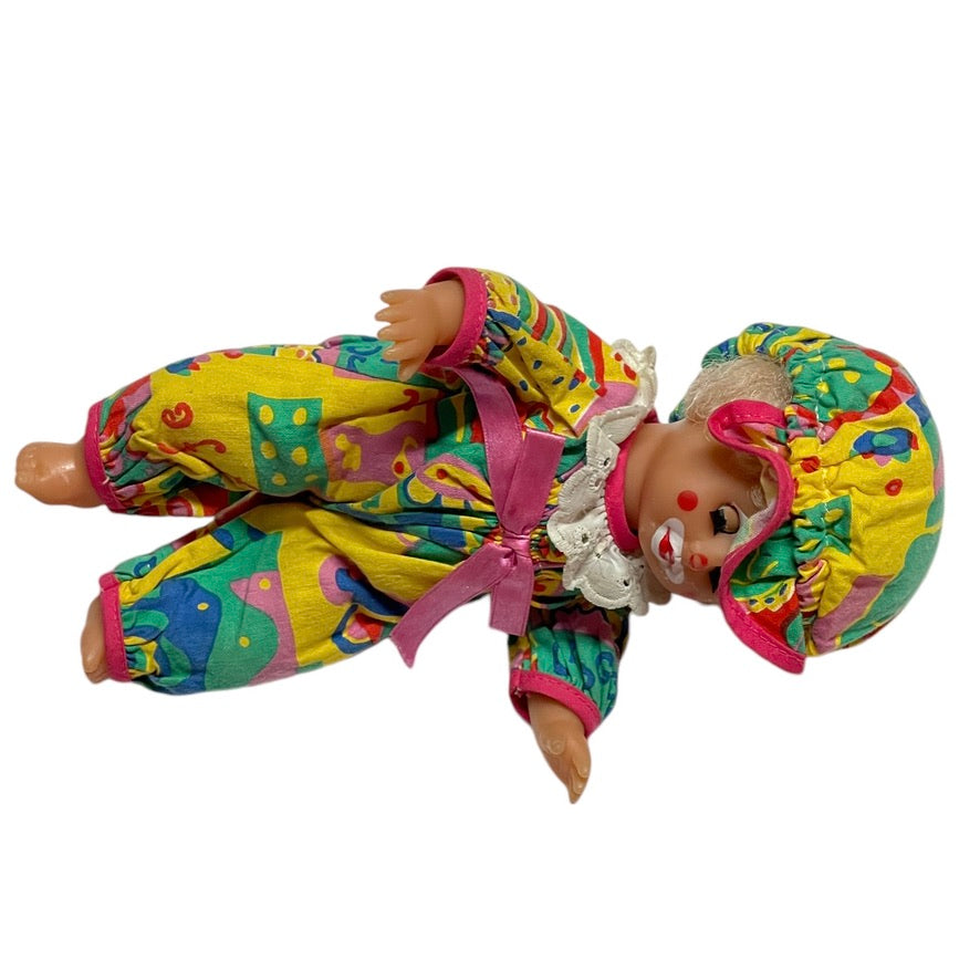 Tiny TurkishClown Faced  Doll In Bright Printed Romper & Matching Cap,  9" in GUC