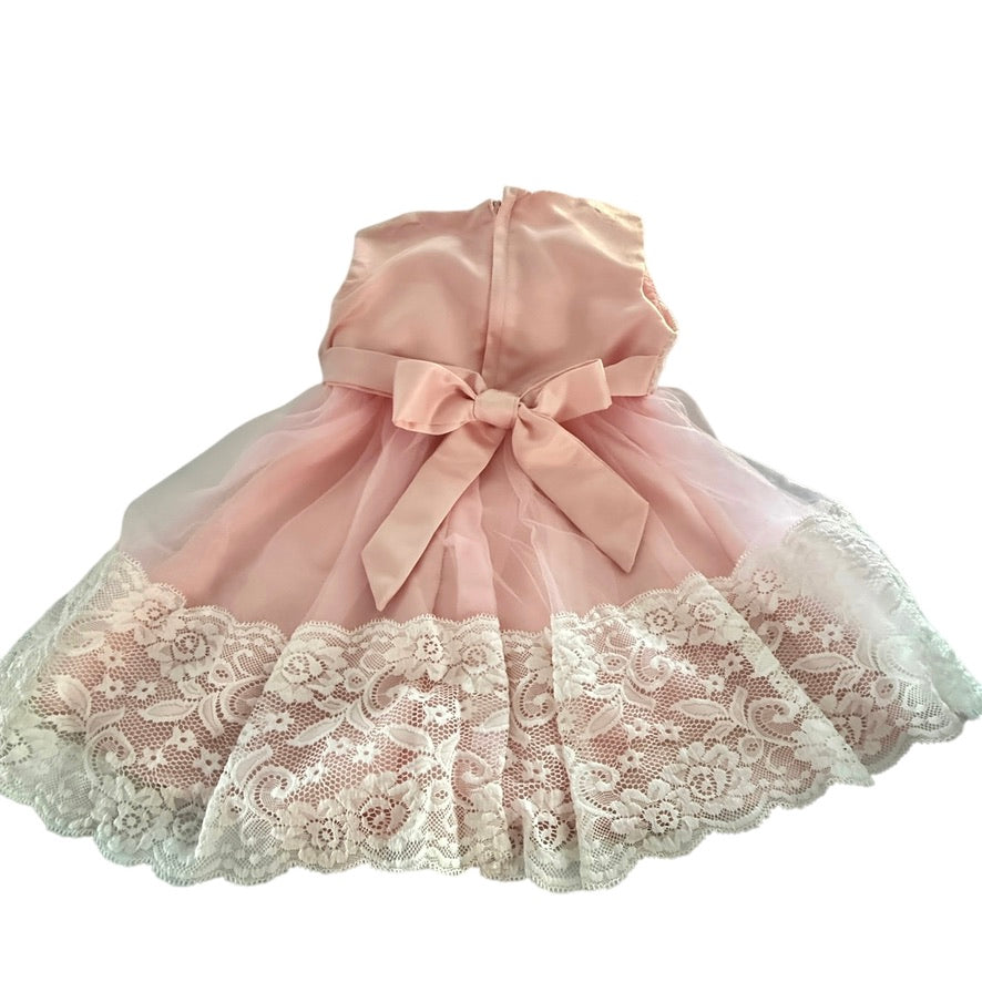 Exquisite Pink Chiffon & Lace  Baby Party Dress, Satin Bow & Rosette Embellshment
