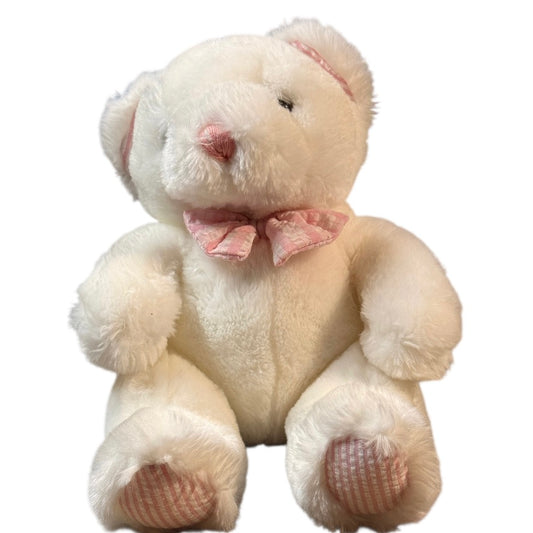 Vintage White Plush Seated Teddy Bear Rattle, Pink Seersucker Ears, Bow Tie & Feet in GVC