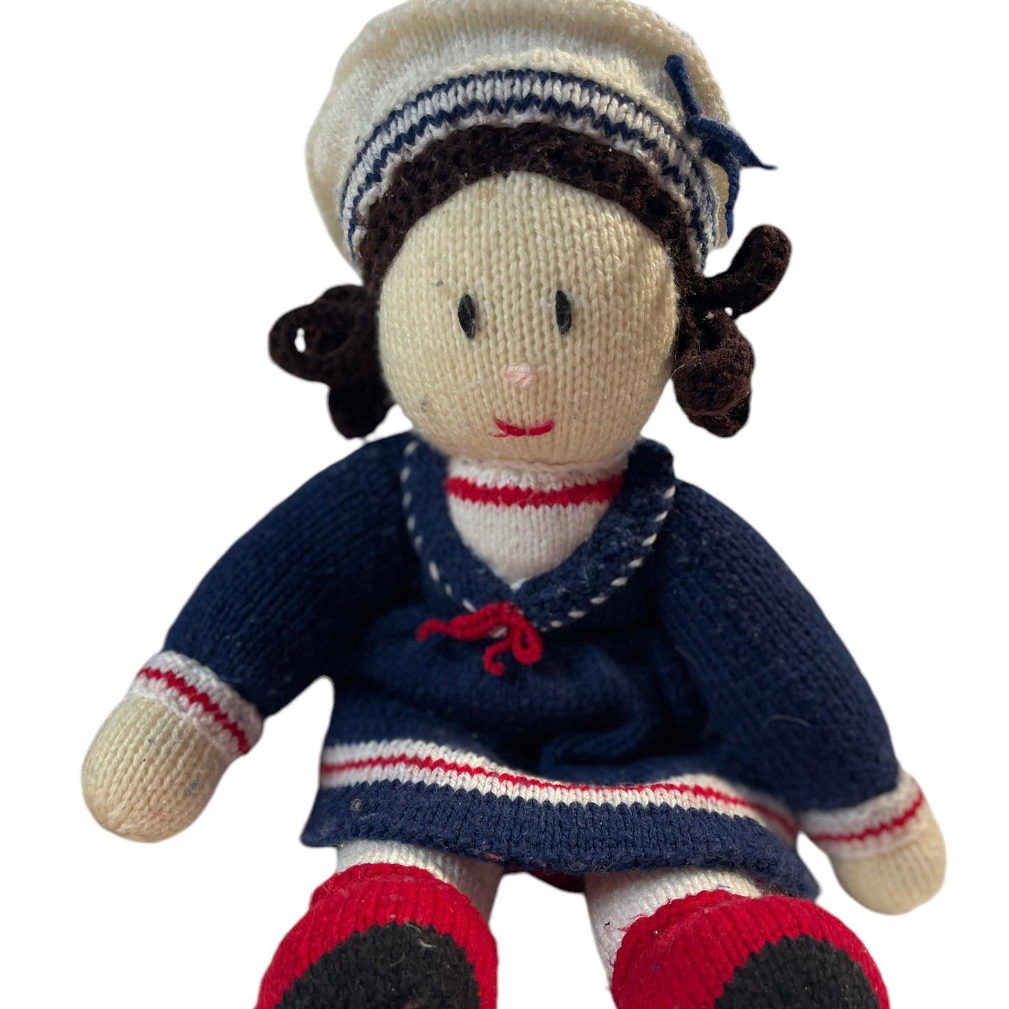 Jean Greenough Designs Vintage Hand Knit/ Crocheted 17" Sailor Girl Doll Preloved in Good Condition