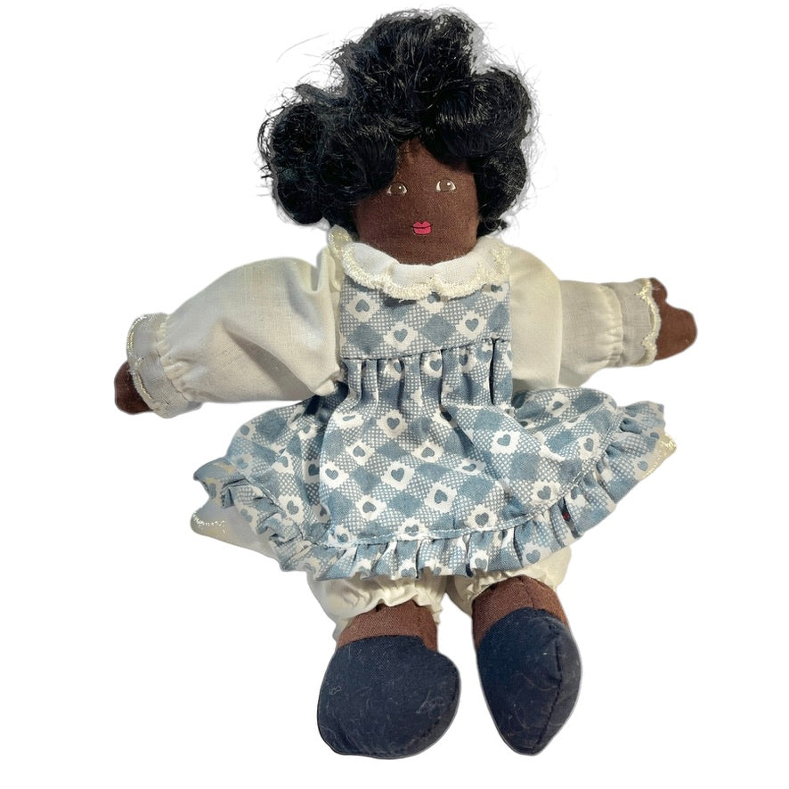 African American 8" Folk Art Doll, Painted Face, Dainty White Blouse & Bleachers Blue Calico Dress