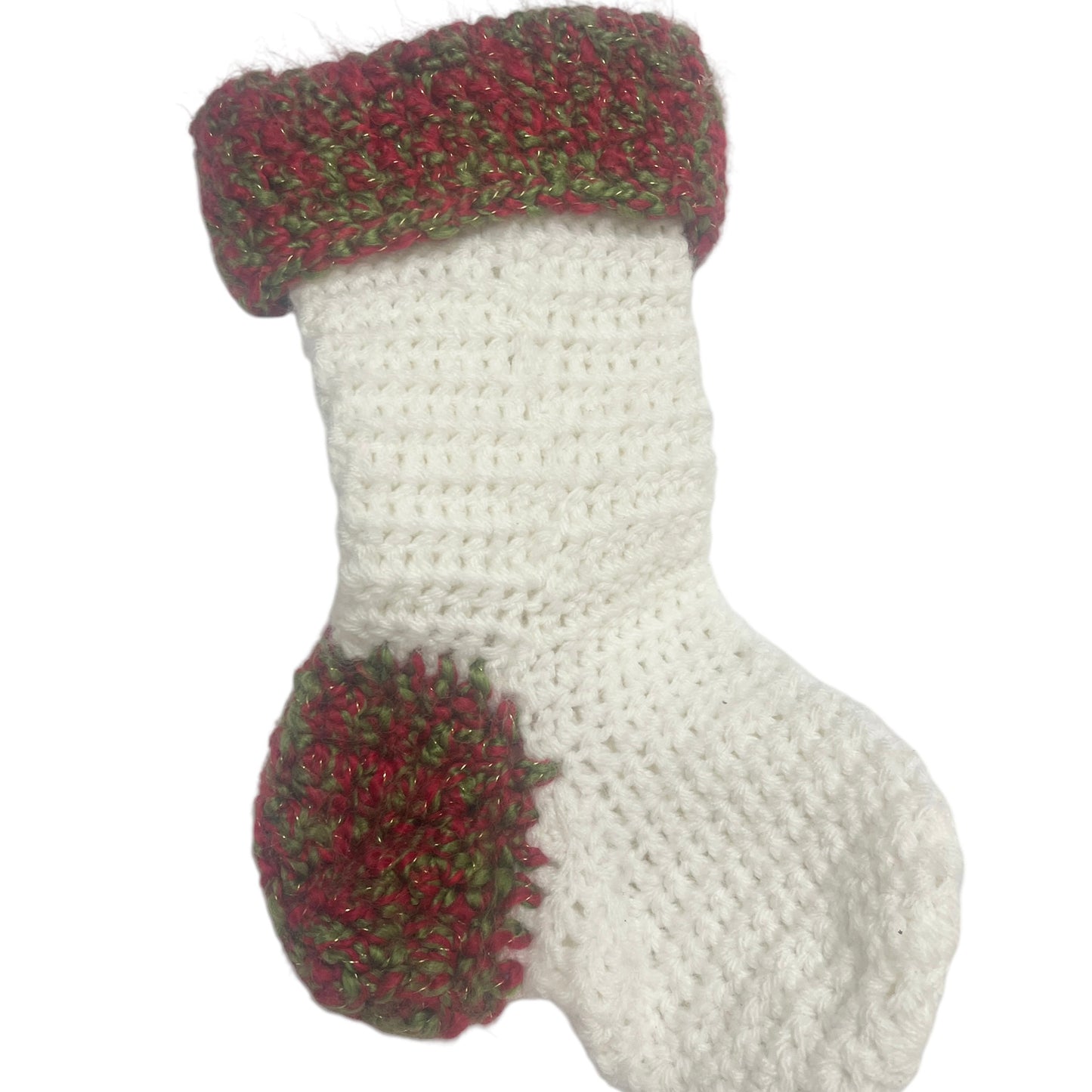 Handmade Chunky White Knit/Crochet Christmas Stocking with Veriegated Green, Red, Gold Cuff & Toe