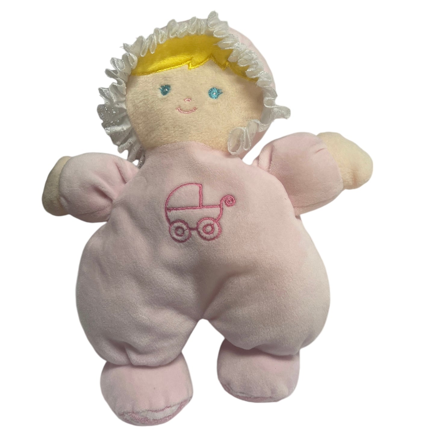 Soft Pink Plush Velvety Baby Doll Rattle, Lace Ruffled Bonnet, Embroidered Face & Carriage on Belly