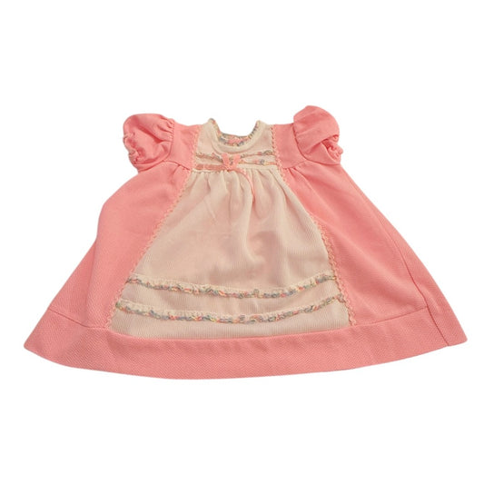 Vintage Infant Dress, Coral Pink with a Cream Bib, Rickrack, Multicoloured Lace & Satin Bow