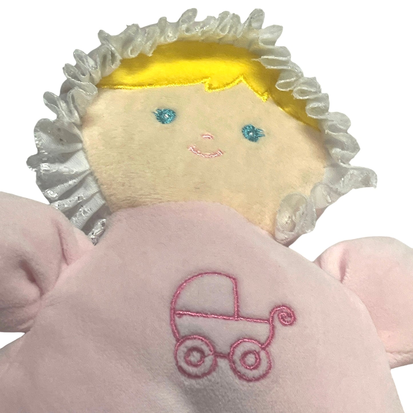 Soft Pink Plush Velvety Baby Doll Rattle, Lace Ruffled Bonnet, Embroidered Face & Carriage on Belly