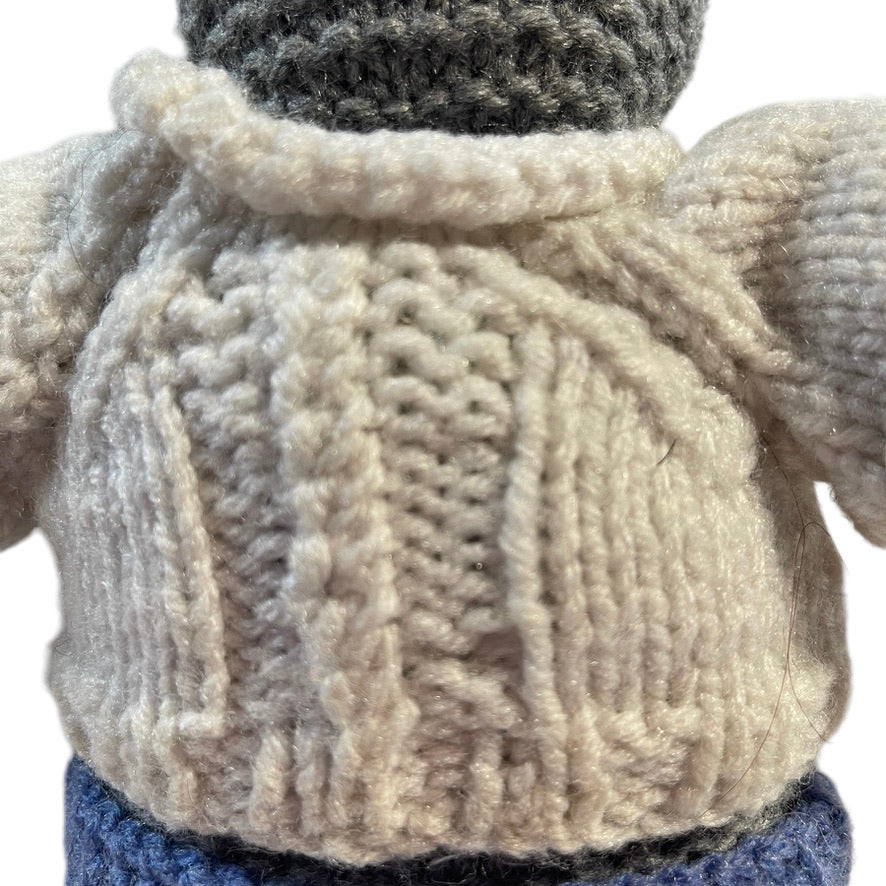 Hand Knitted/Crocheted Overstuffed 9.5" Grey Bear in Cream Knit Sweater and Blue Knit 'Jeans'