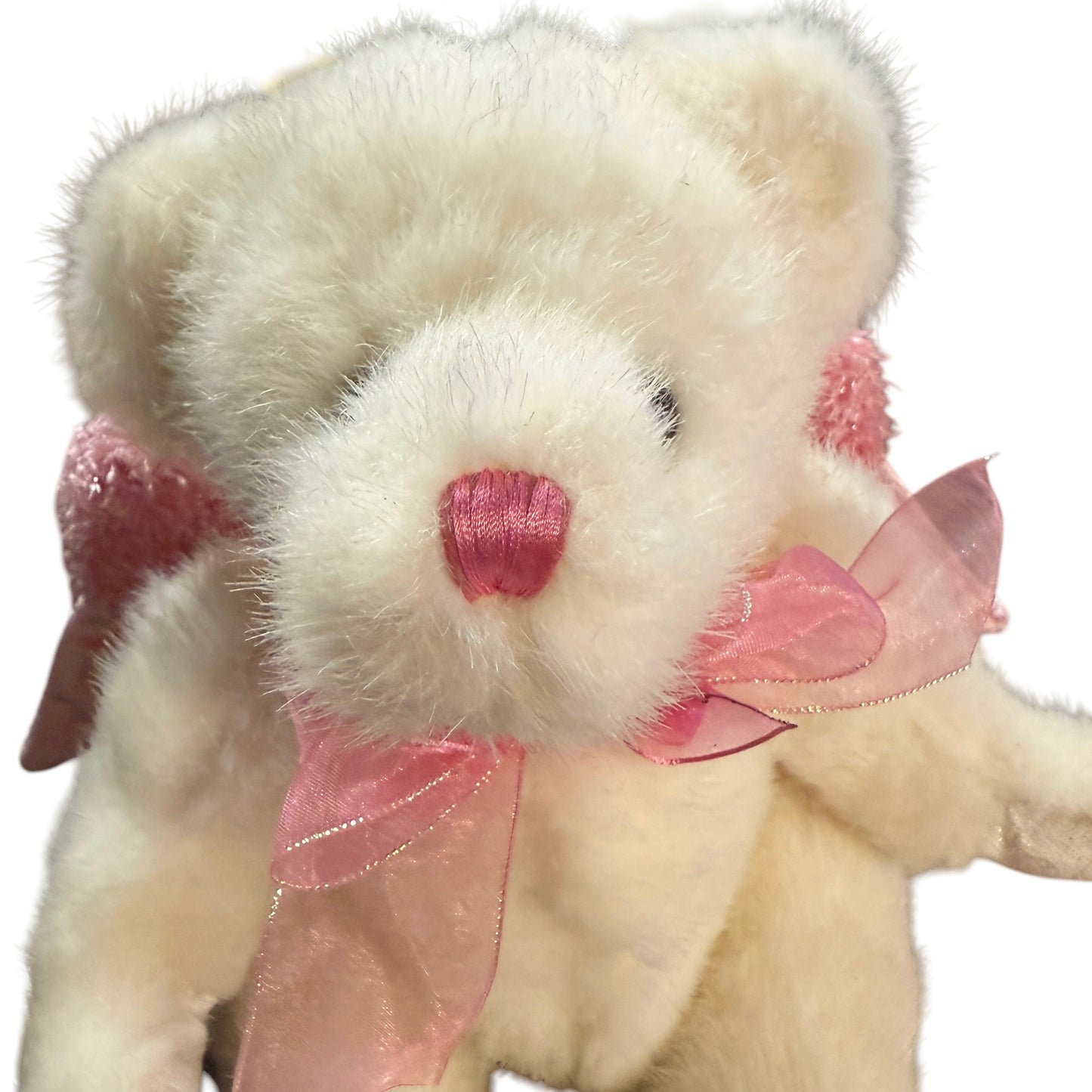 Dandee Angel Bear Plush, While & Pink with Sparkly Pink Wings and Satin Accents- Sweet!