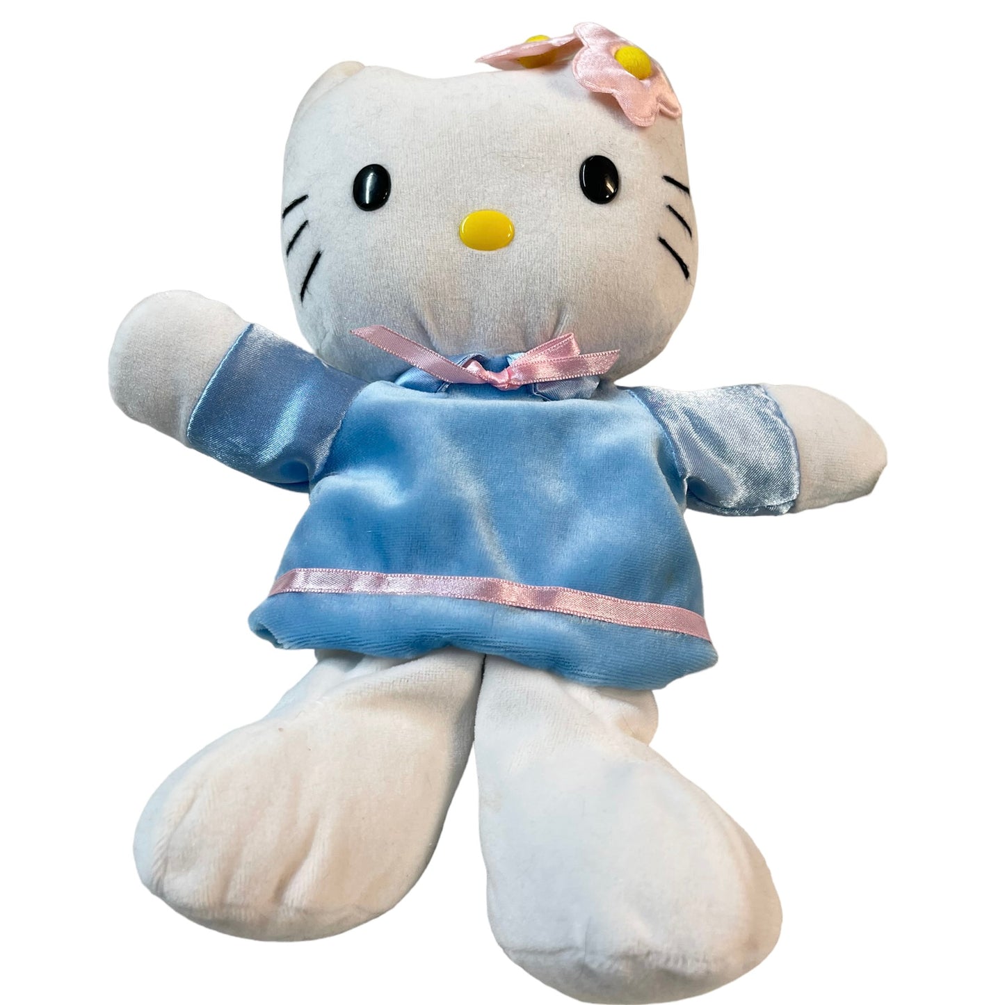 Hello Kitty Sanrio 1999 Plush Puppet Stuffed Toy With Blue Dress & Pink Flowers 11"