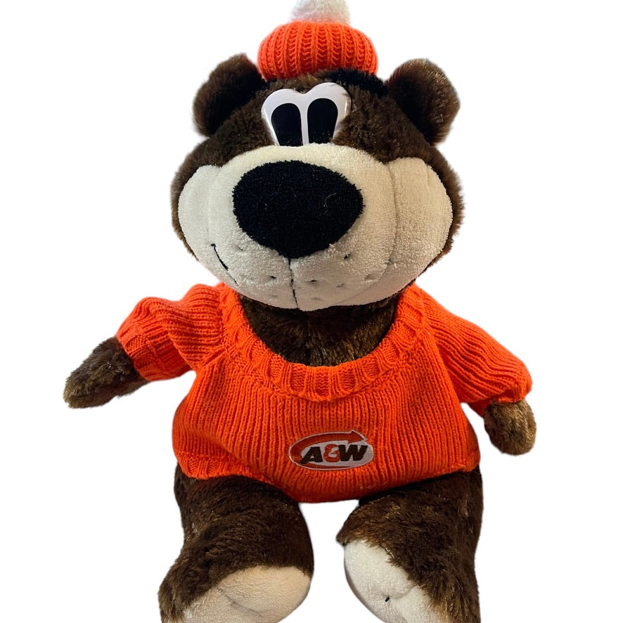 A&W Logo Root Bear Mascot Vintage 17" Stuffed Animal Plush Orange Sweater & Bobble Hat.