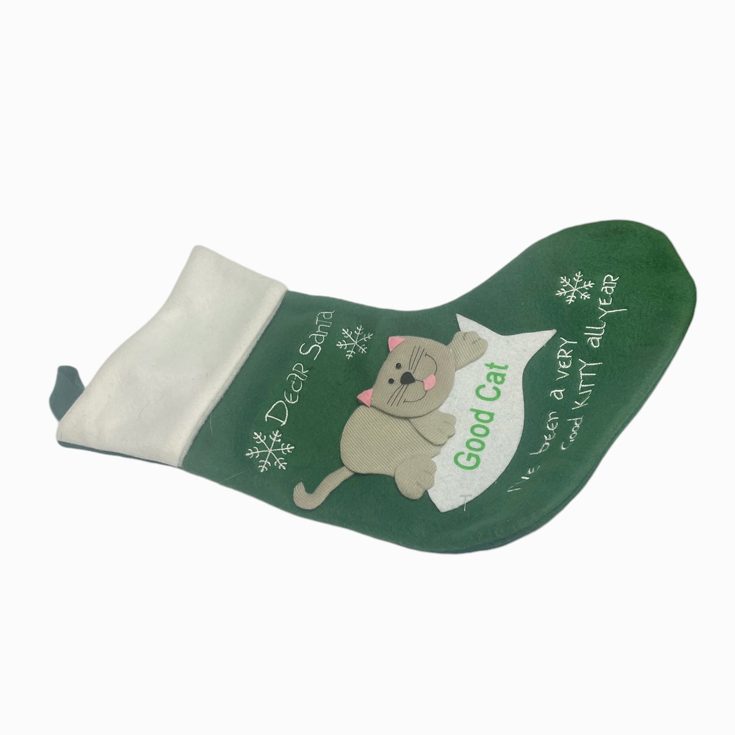 Dear Santa, Good Cat Christmas Stocking in Green, Grey 3-D Cat Applique &Embroidery Snowflakes