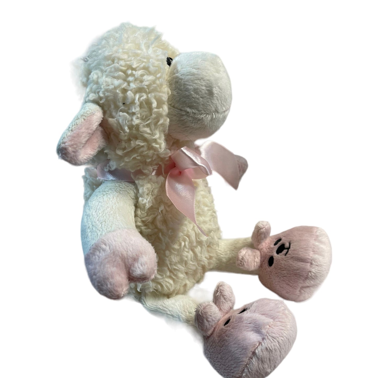 Fiesta Stuffed Sherpa Sheep With Pink Bunny Slippers and Pink Satin Bow