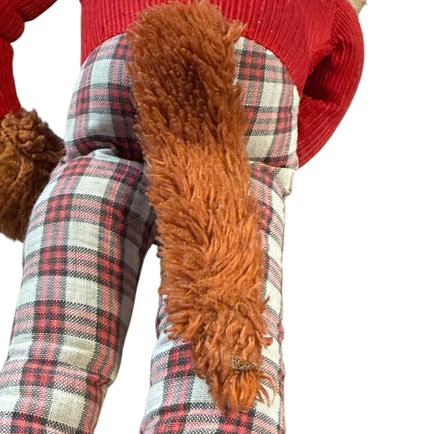 Charming Long-Legged Vintage Monkey Plush Knee Huggar with Tartan Coveralls Fair