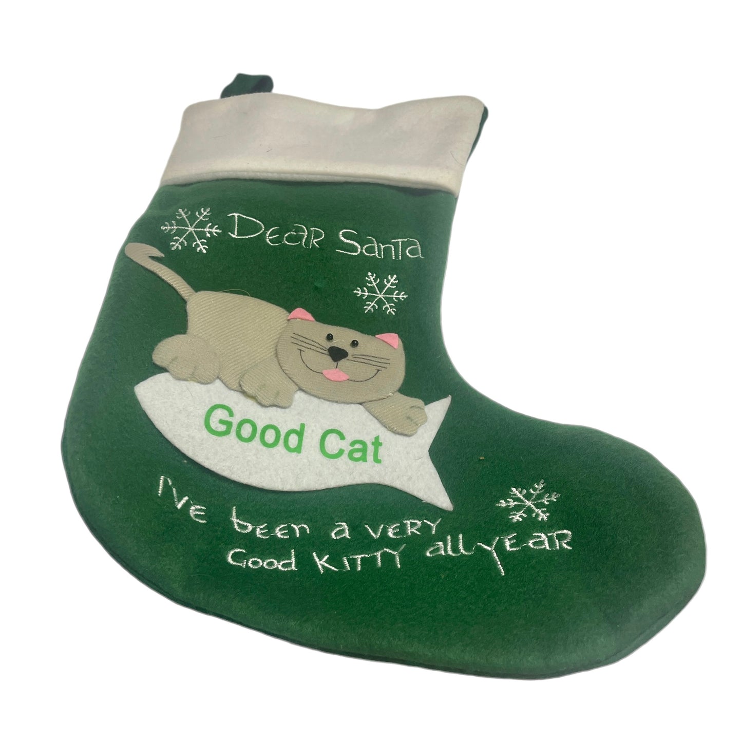 Dear Santa, Good Cat Christmas Stocking in Green, Grey 3-D Cat Applique &Embroidery Snowflakes