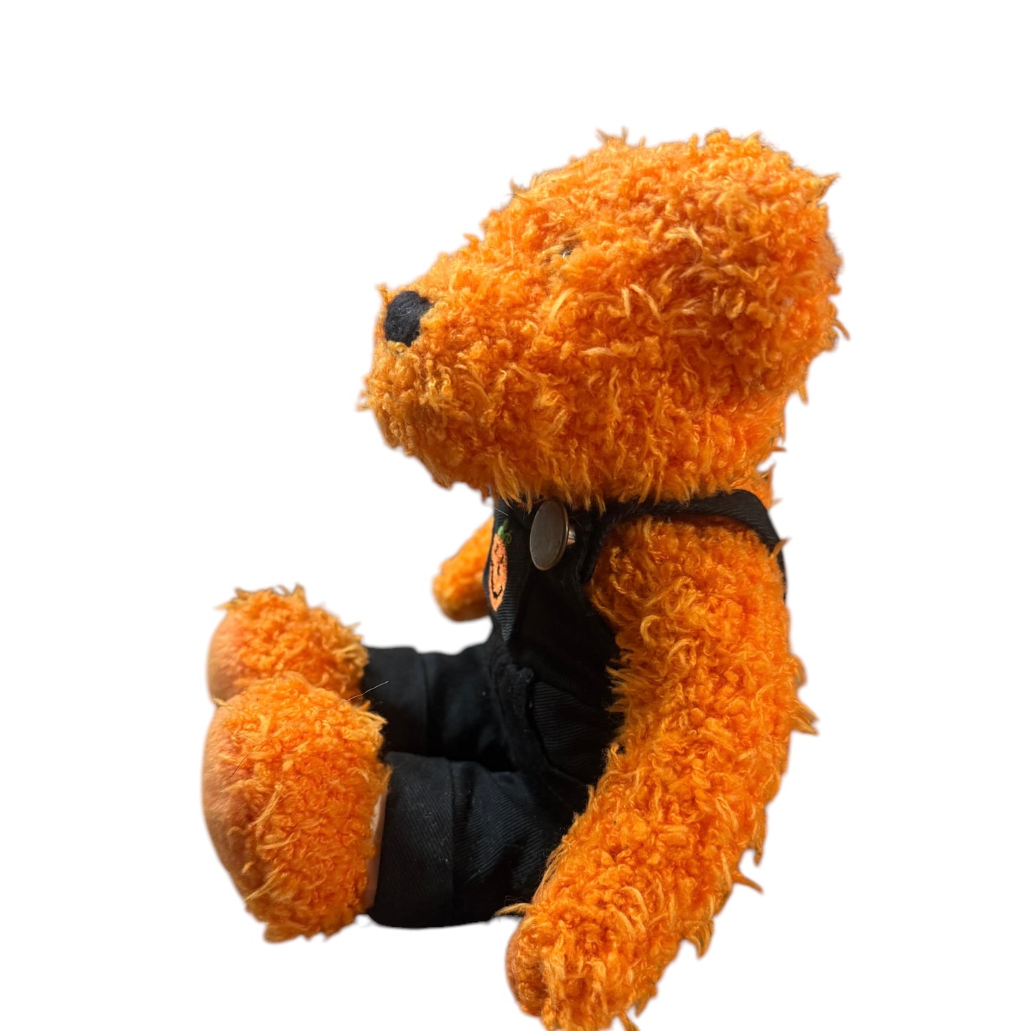 Hallmark Halloween Bean Bear Shaggy Orange Plush Teddy Bear Black Coveralls with Pumpkin Applique