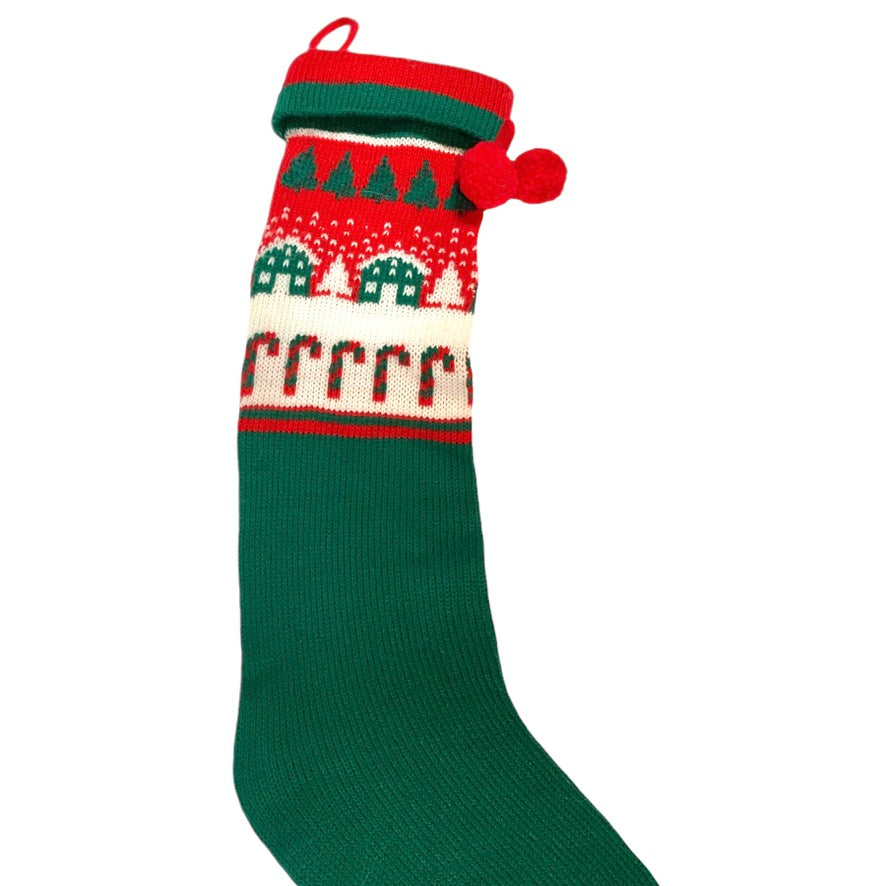 Cheerful Knit Christmas Stocking 24x5", Traditional Colours  & Patterns, Cuffed with Hanger and PomPom