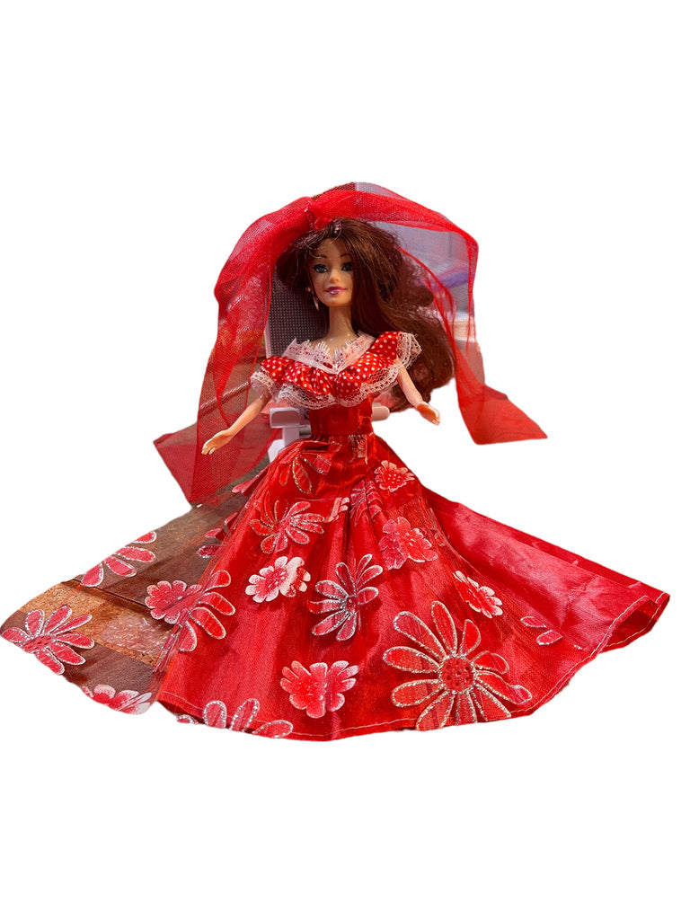 Beautiful Brunette Fashion Doll in Red Floral Sparkle Dress,Tulle Veil &Hoop Earrings