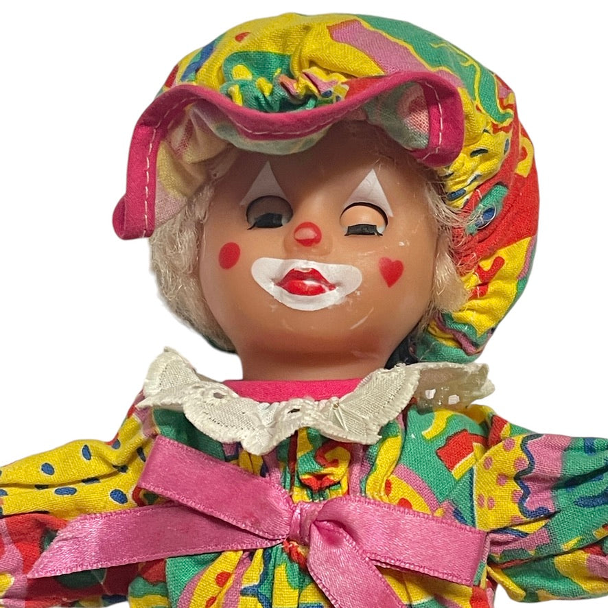 Tiny TurkishClown Faced  Doll In Bright Printed Romper & Matching Cap,  9" in GUC