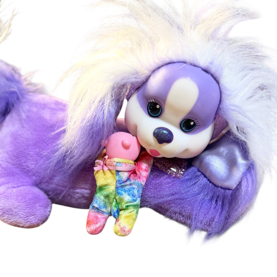 Purple Puppy Surprise with Pink Sparkly Heart Necklace and 1 Adorable Rainbow Baby, in GUC